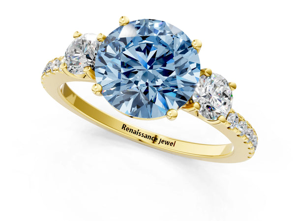 Yellow gold Three-Stone Fancy Blue Round Cut Cut Diamond Pavé Band with Prong Setting