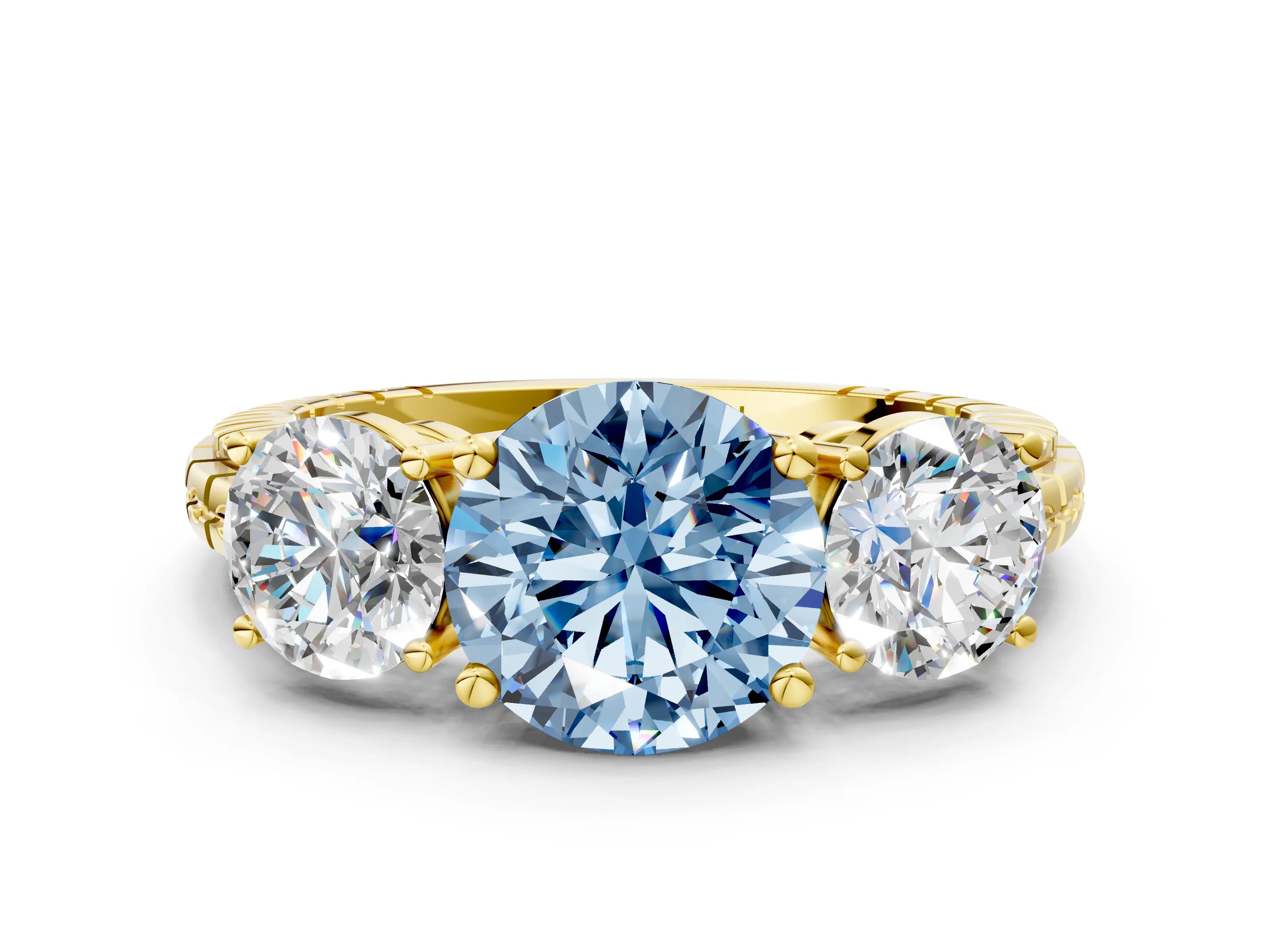 Yellow gold Three-Stone Fancy Blue Round Cut Cut Diamond Ring with Channel-Set Band and Prong Setting