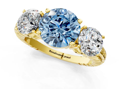 Yellow gold Three-Stone Fancy Blue Round Cut Cut Diamond Ring with Channel-Set Band and Prong Setting_1