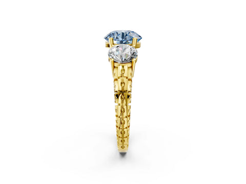 Yellow gold Three-Stone Fancy Blue Round Cut Cut Diamond Ring with Channel-Set Band and Prong Setting_2