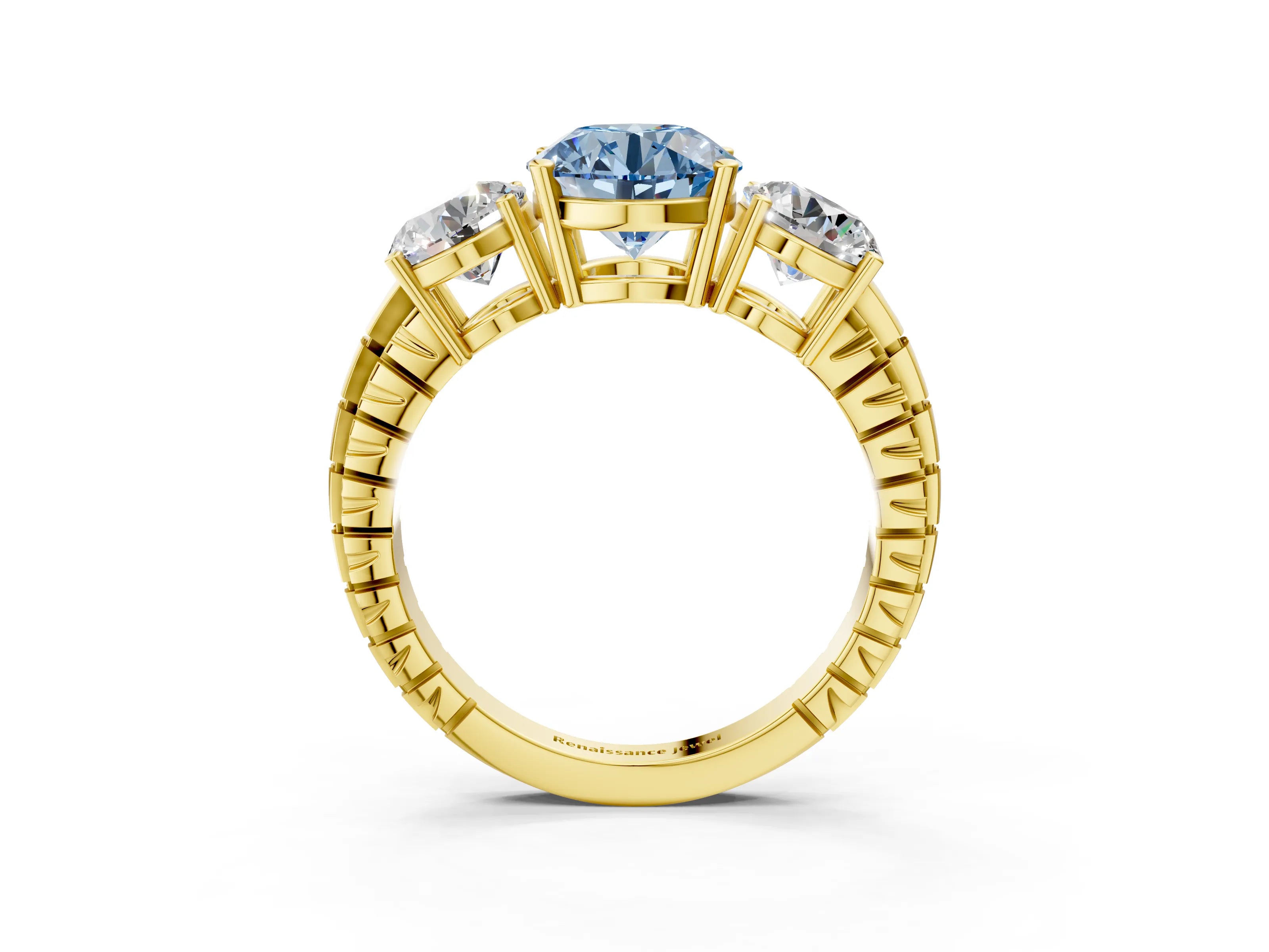 Yellow gold Three-Stone Fancy Blue Round Cut Cut Diamond Ring with Channel-Set Band and Prong Setting_3