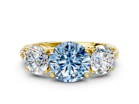 Yellow gold Three-Stone Fancy Blue Round Cut Cut Diamond Ring with Channel-Set Band and Prong Setting