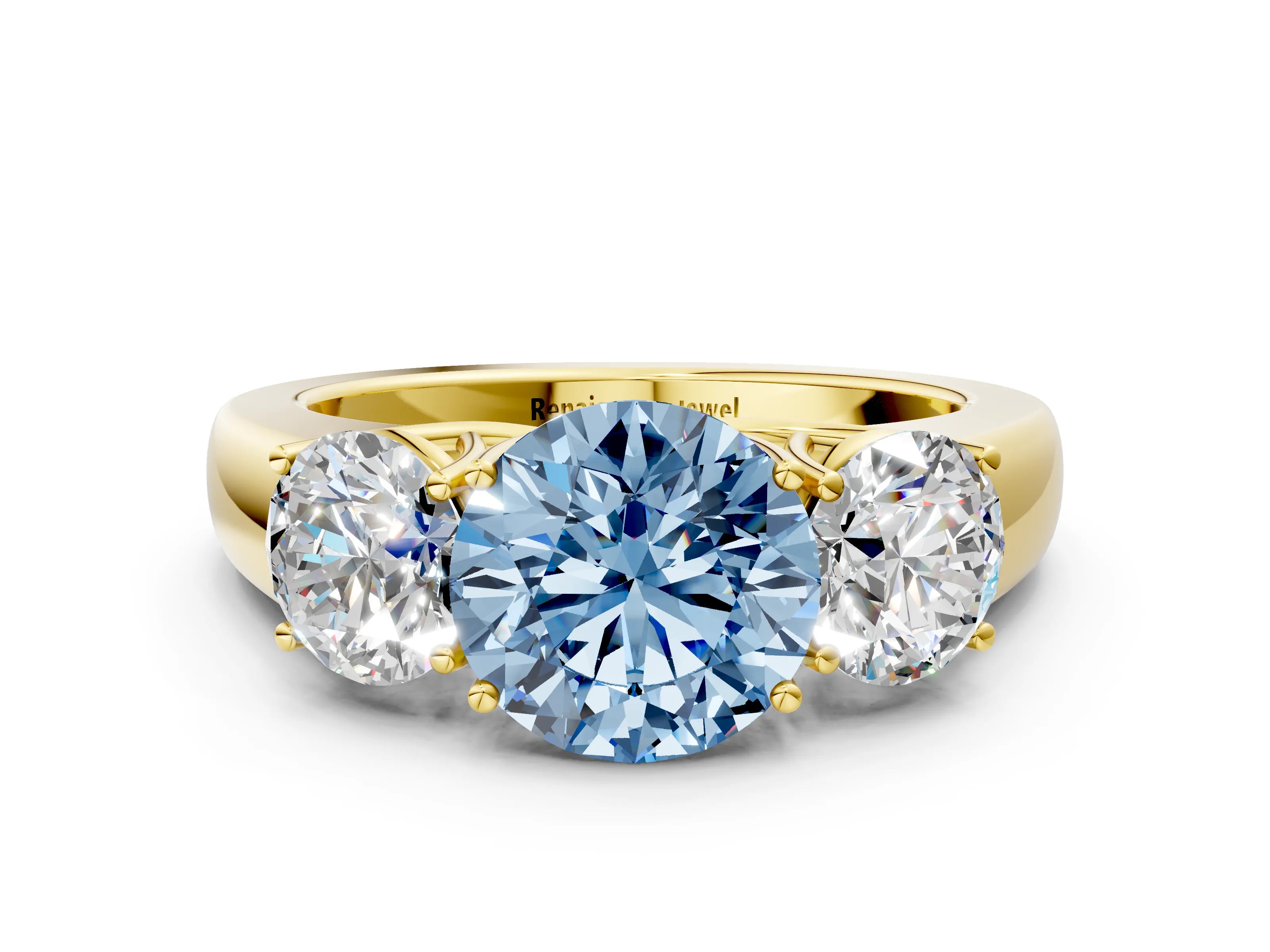Yellow gold Three-Stone Fancy Blue Round Cut Cut Diamond Ring with Prong Setting and Classic Band