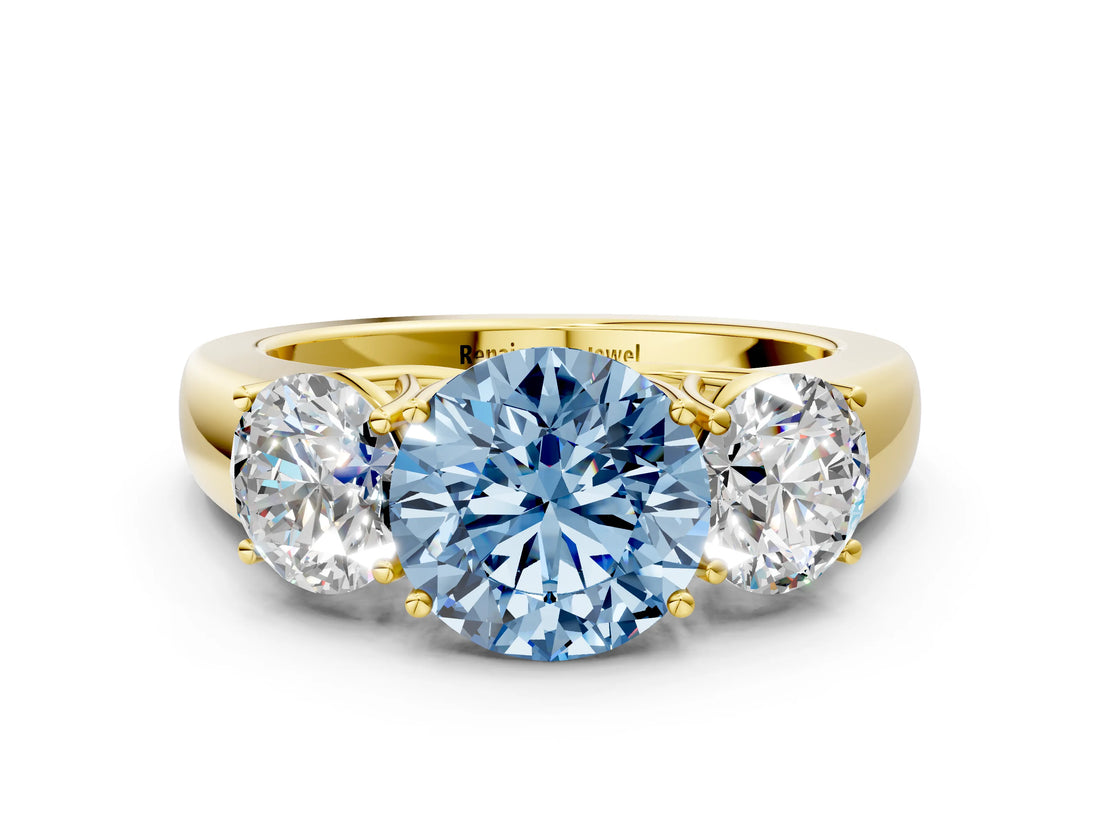 Yellow gold Three-Stone Fancy Blue Round Cut Cut Diamond Ring with Prong Setting and Classic Band