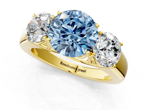 Yellow gold Three-Stone Fancy Blue Round Cut Cut Diamond Ring with Prong Setting and Classic Band_1