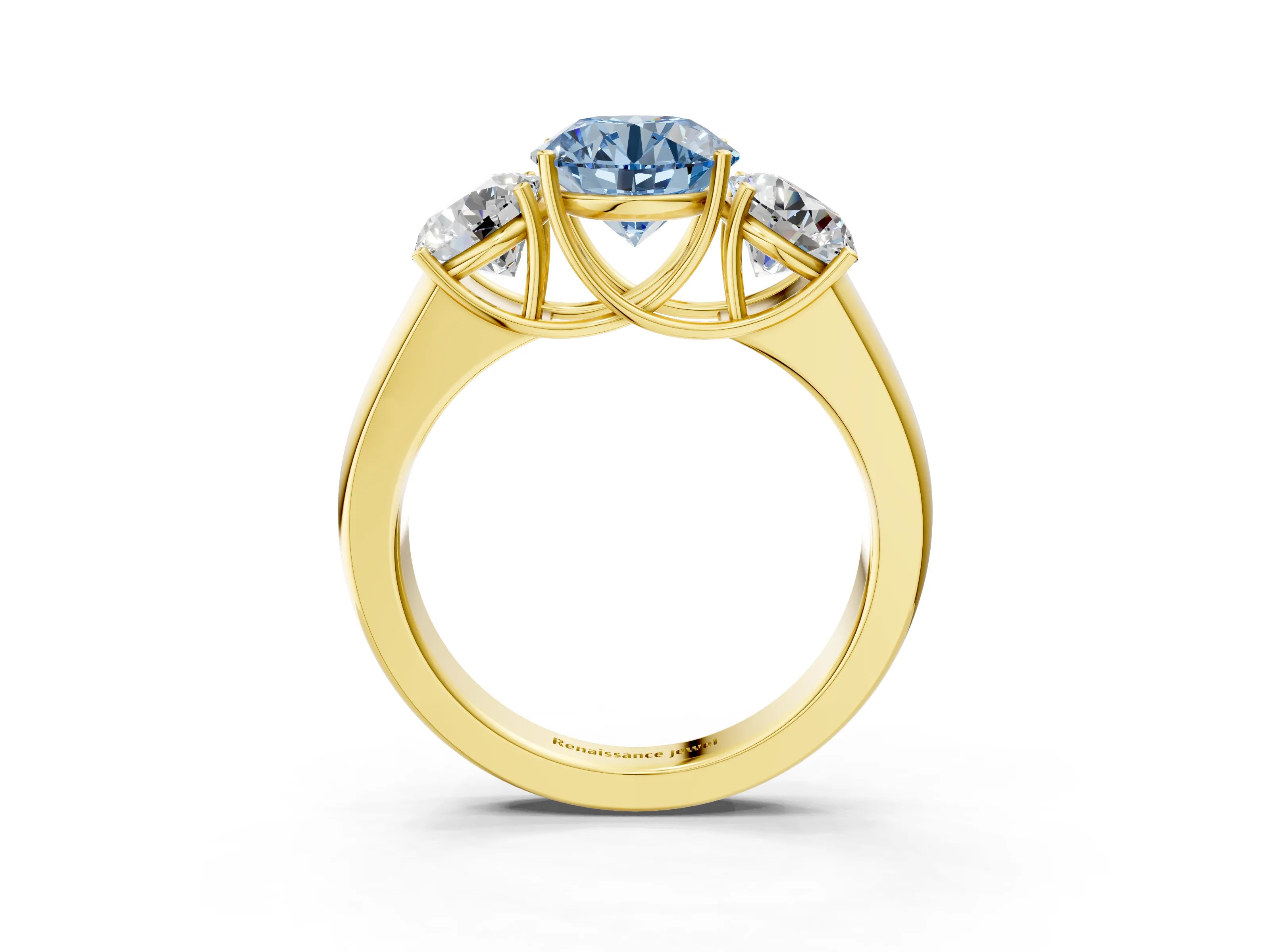 Yellow gold Three-Stone Fancy Blue Round Cut Cut Diamond Ring with Prong Setting and Classic Band_3
