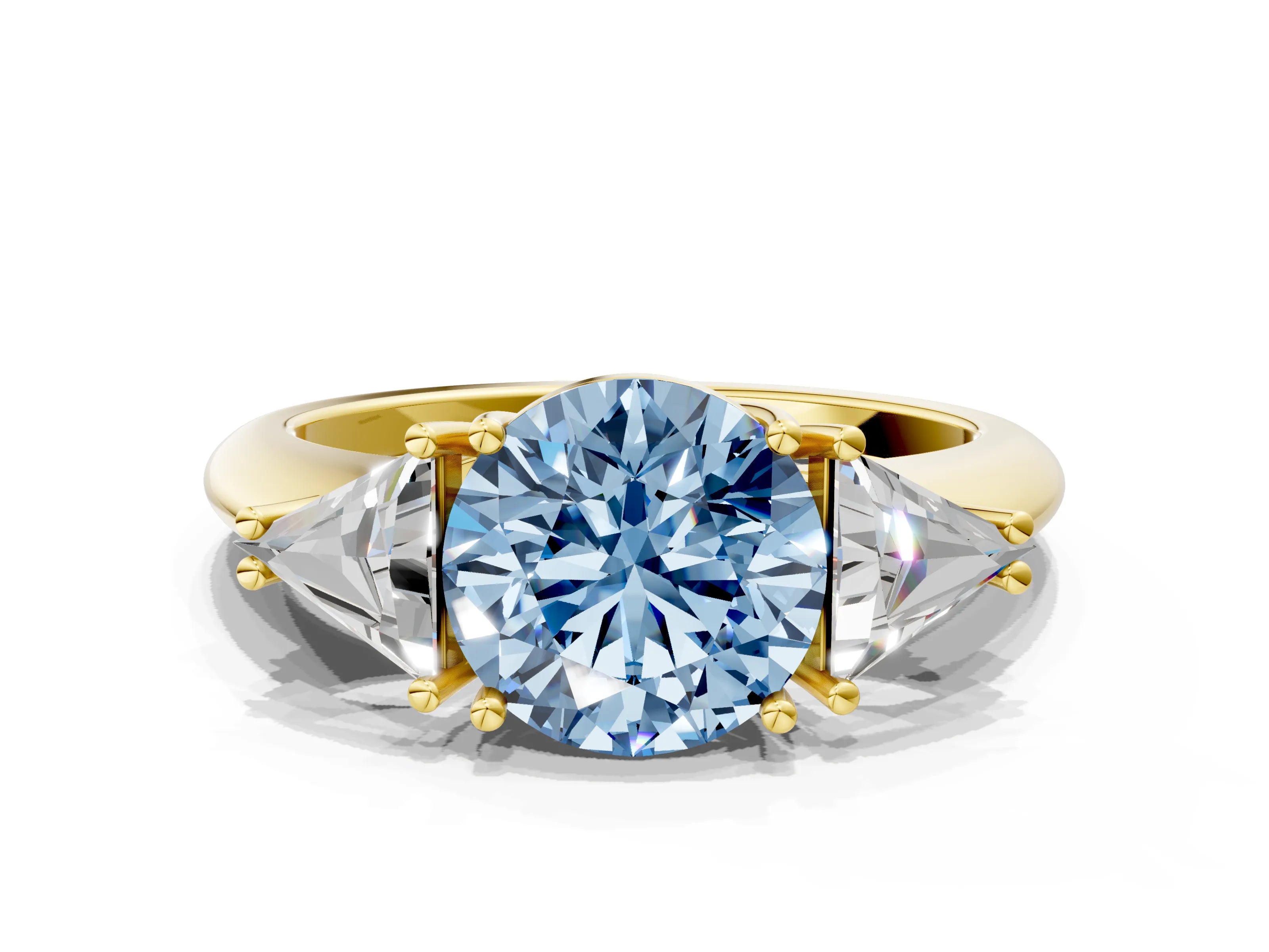 Yellow gold Three-Stone Fancy Blue Round Cut Cut Diamond Ring with Trillion Side Stones and Four-Prong Setting_3