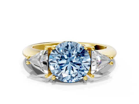 Yellow gold Three-Stone Fancy Blue Round Cut Cut Diamond Ring with Trillion Side Stones and Four-Prong Setting_3