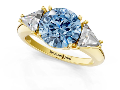 Yellow gold Three-Stone Fancy Blue Round Cut Cut Diamond Ring with Trillion Side Stones and Four-Prong Setting_4