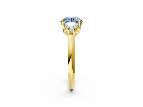 Yellow gold Three-Stone Fancy Blue Round Cut Cut Diamond Ring with Trillion Side Stones and Four-Prong Setting