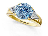 Yellow gold Three-Stone Fancy Blue Round Cut Cut Diamond Ring with Trillion Side Stones on a Split Shank Band_1