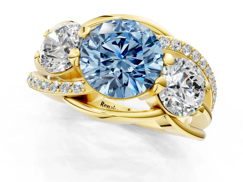Yellow gold Three-Stone Fancy Blue Round Cut Cut Diamond Split Shank Prong Set Ring_1