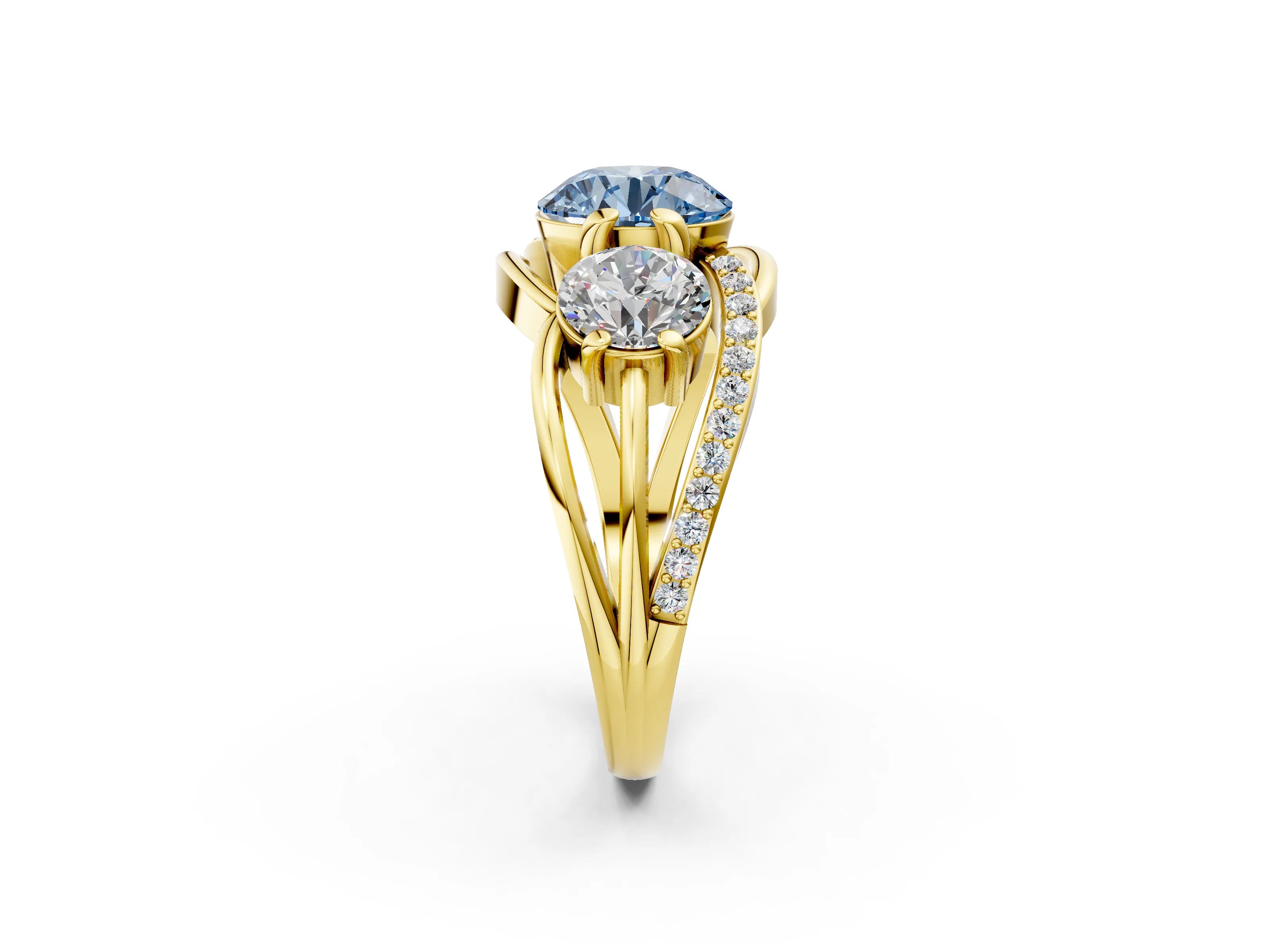 Yellow gold Three-Stone Fancy Blue Round Cut Cut Diamond Split Shank Prong Set Ring_2
