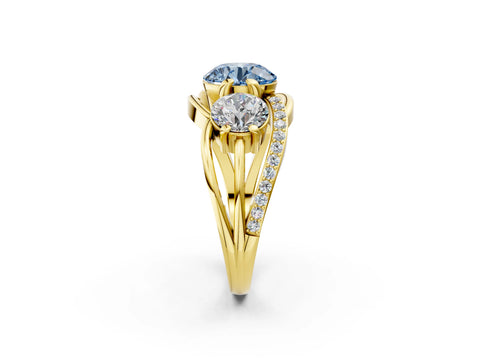 Yellow gold Three-Stone Fancy Blue Round Cut Cut Diamond Split Shank Prong Set Ring_2