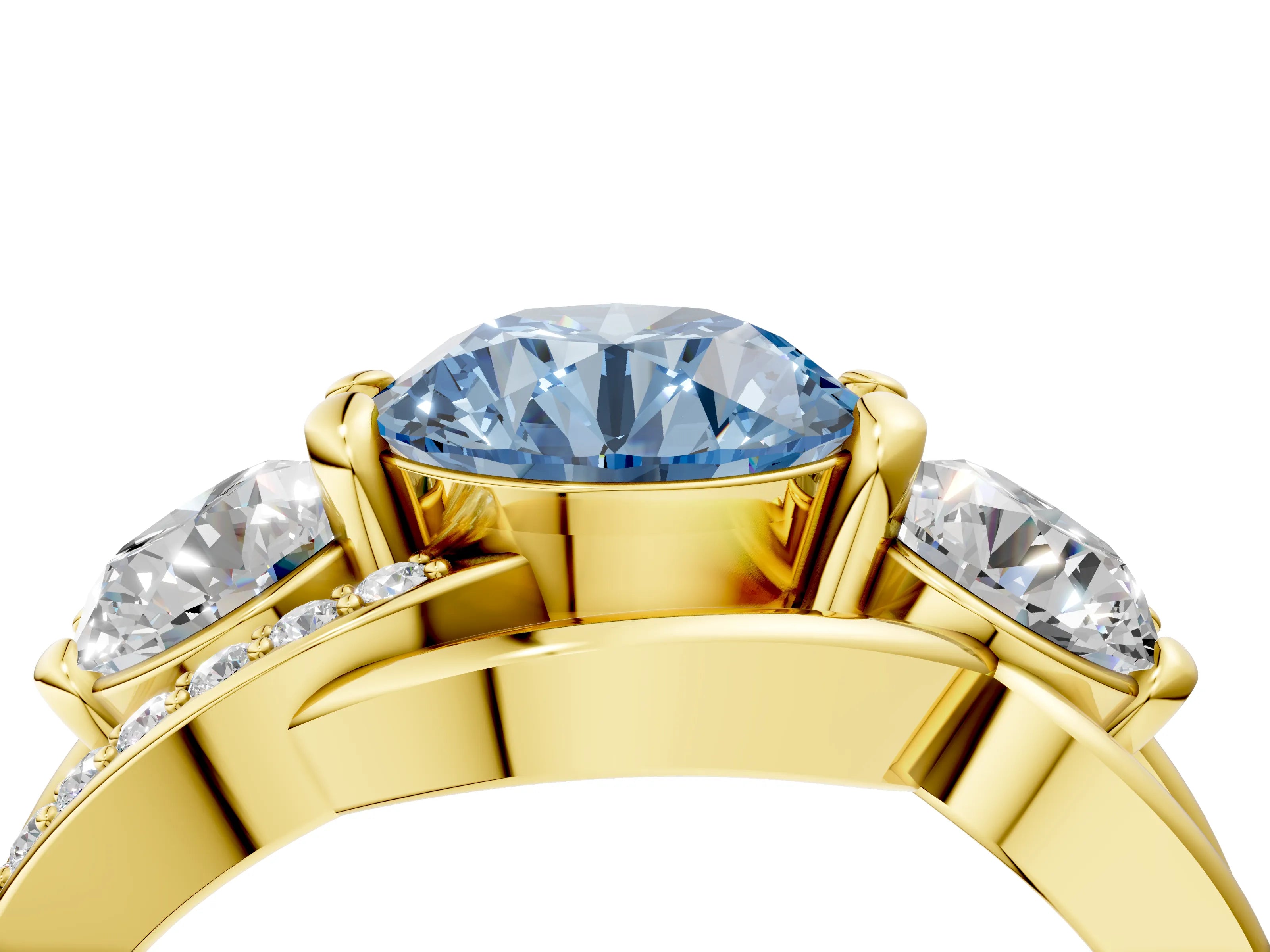 Yellow gold Three-Stone Fancy Blue Round Cut Cut Diamond Split Shank Prong Set Ring_4