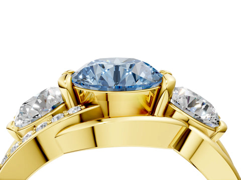 Yellow gold Three-Stone Fancy Blue Round Cut Cut Diamond Split Shank Prong Set Ring_4