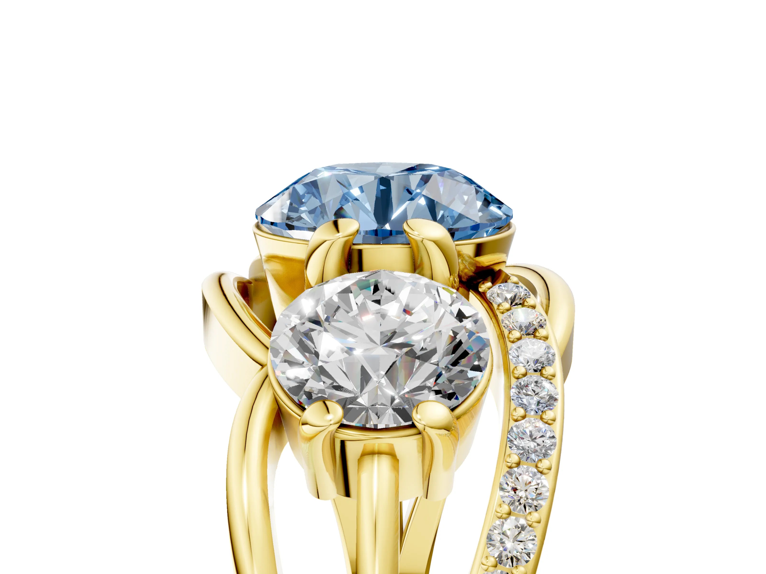 Yellow gold Three-Stone Fancy Blue Round Cut Cut Diamond Split Shank Prong Set Ring_5