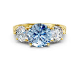 Yellow gold Three-Stone Fancy Blue Round Cut Cut Milgrain Band Prong Setting Ring