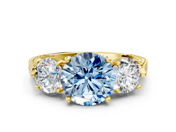 Yellow Gold Round Vintage Three Stone Engagement Ring Setting for Fancy Blue Center