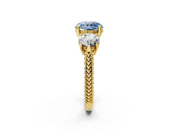 Yellow Gold Round Vintage Three Stone Engagement Ring Setting for Fancy Blue Center