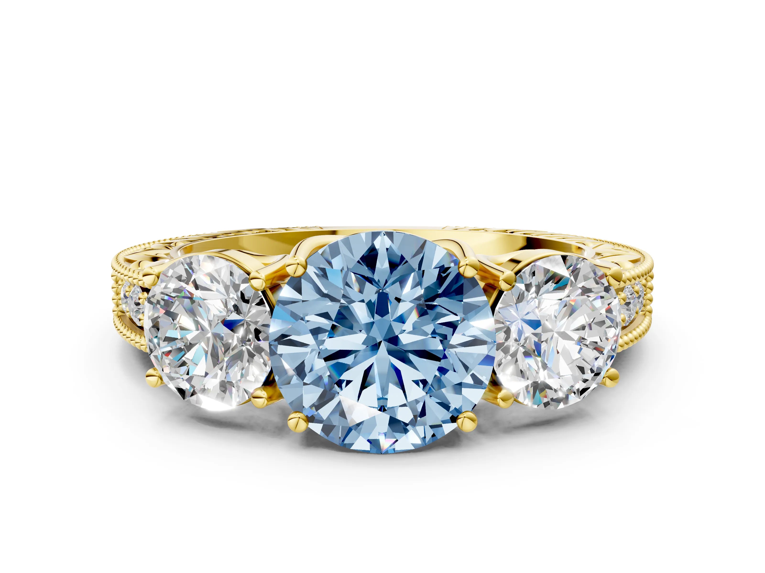 Yellow gold Three-Stone Fancy Blue Round Cut Cut Milgrain Pavé Engagement Ring