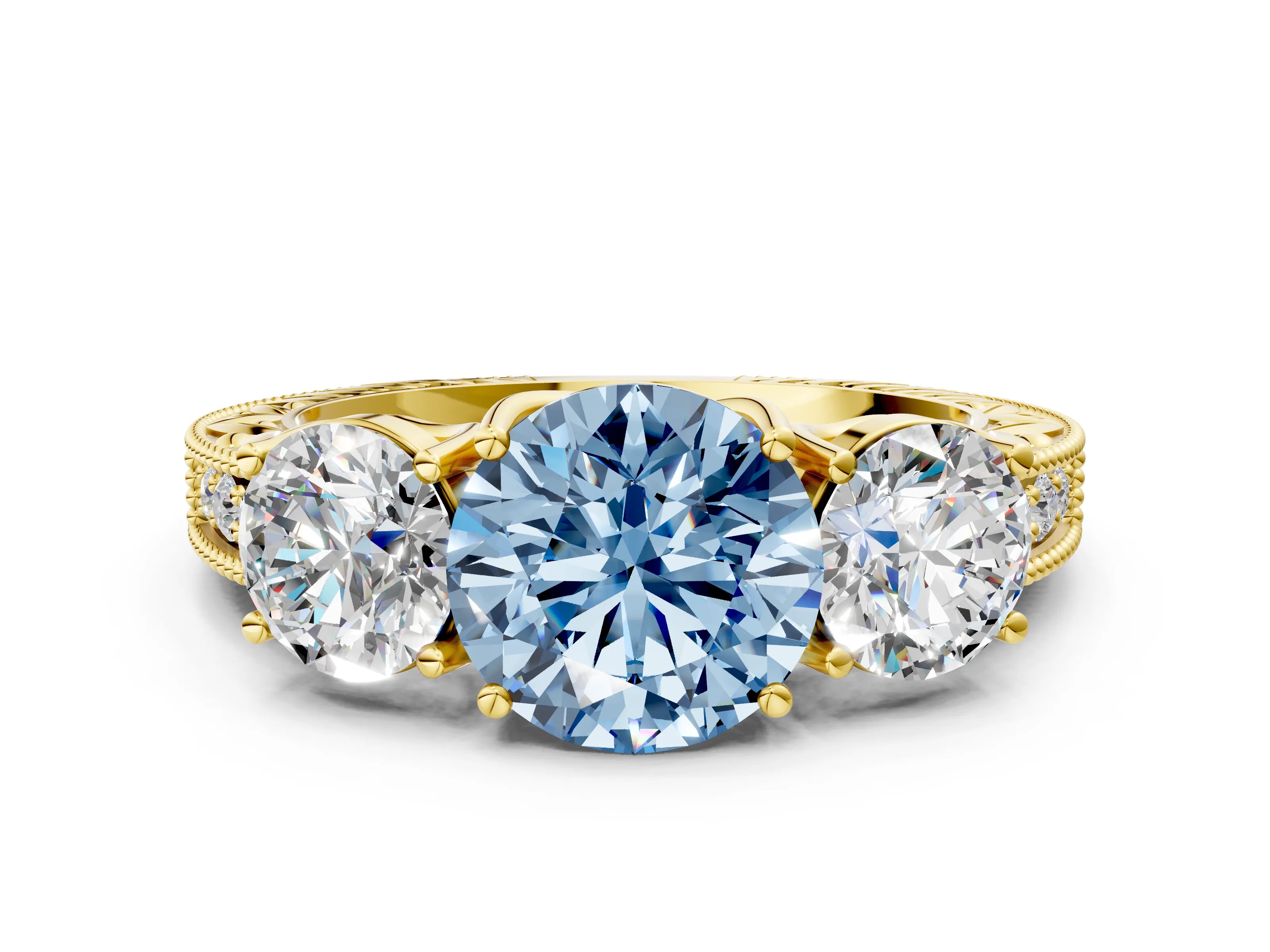 Yellow gold Three-Stone Fancy Blue Round Cut Cut Milgrain Pavé Engagement Ring_12