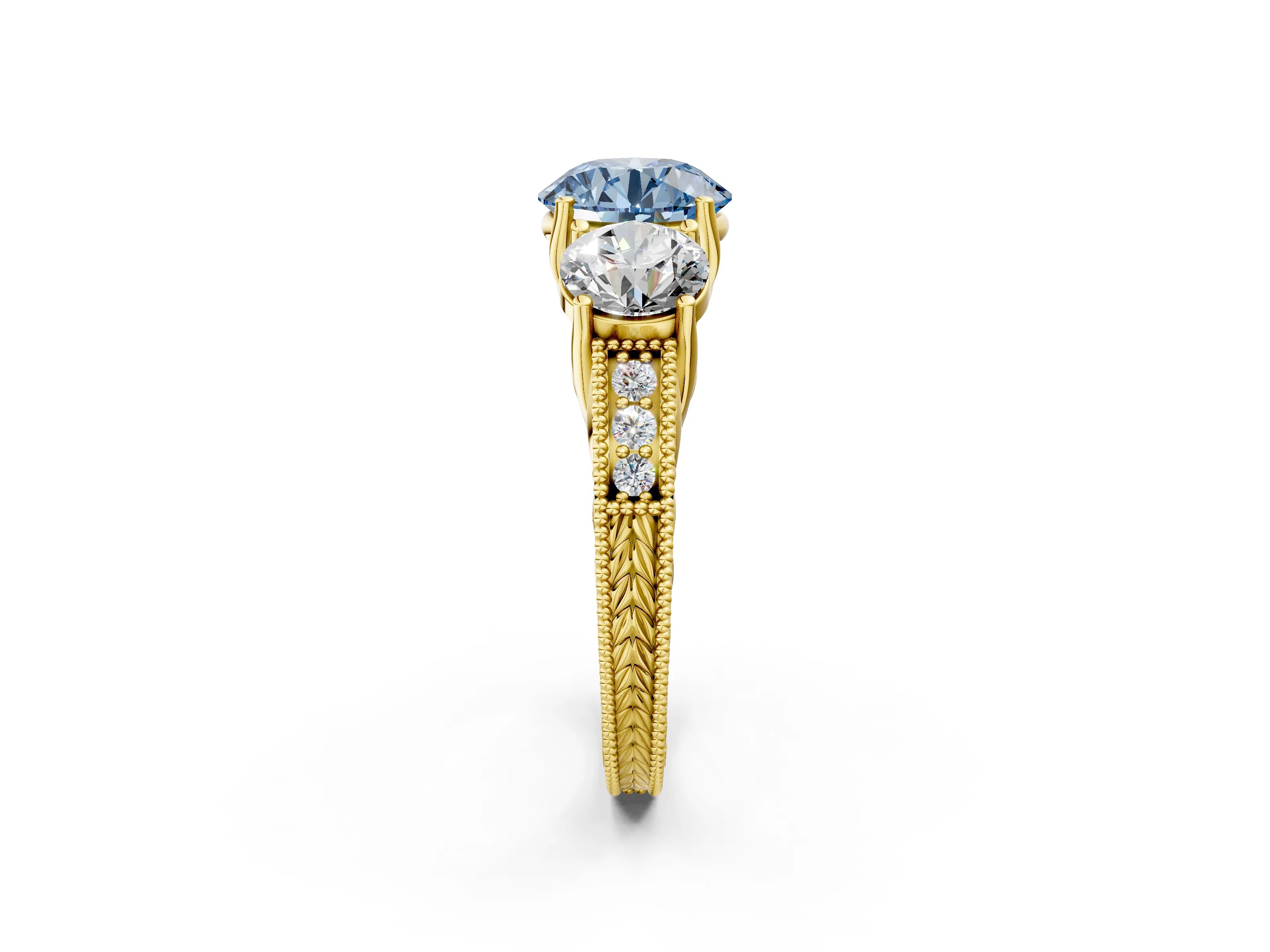 Yellow gold Three-Stone Fancy Blue Round Cut Cut Milgrain Pavé Engagement Ring_14