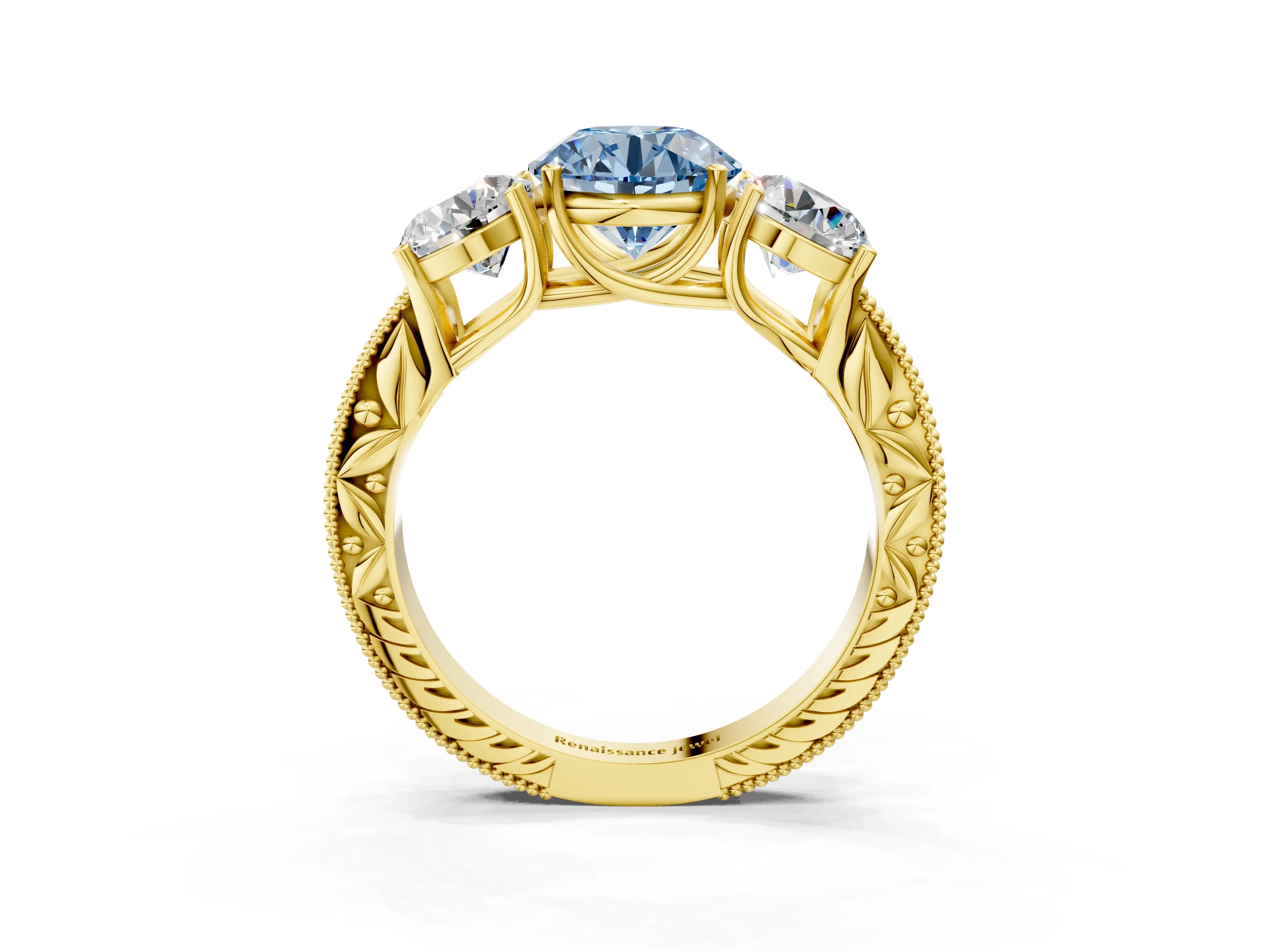 Yellow gold Three-Stone Fancy Blue Round Cut Cut Milgrain Pavé Engagement Ring_15