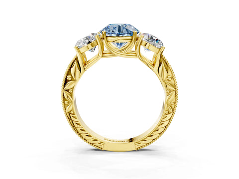 Yellow gold Three-Stone Fancy Blue Round Cut Cut Milgrain Pavé Engagement Ring_15