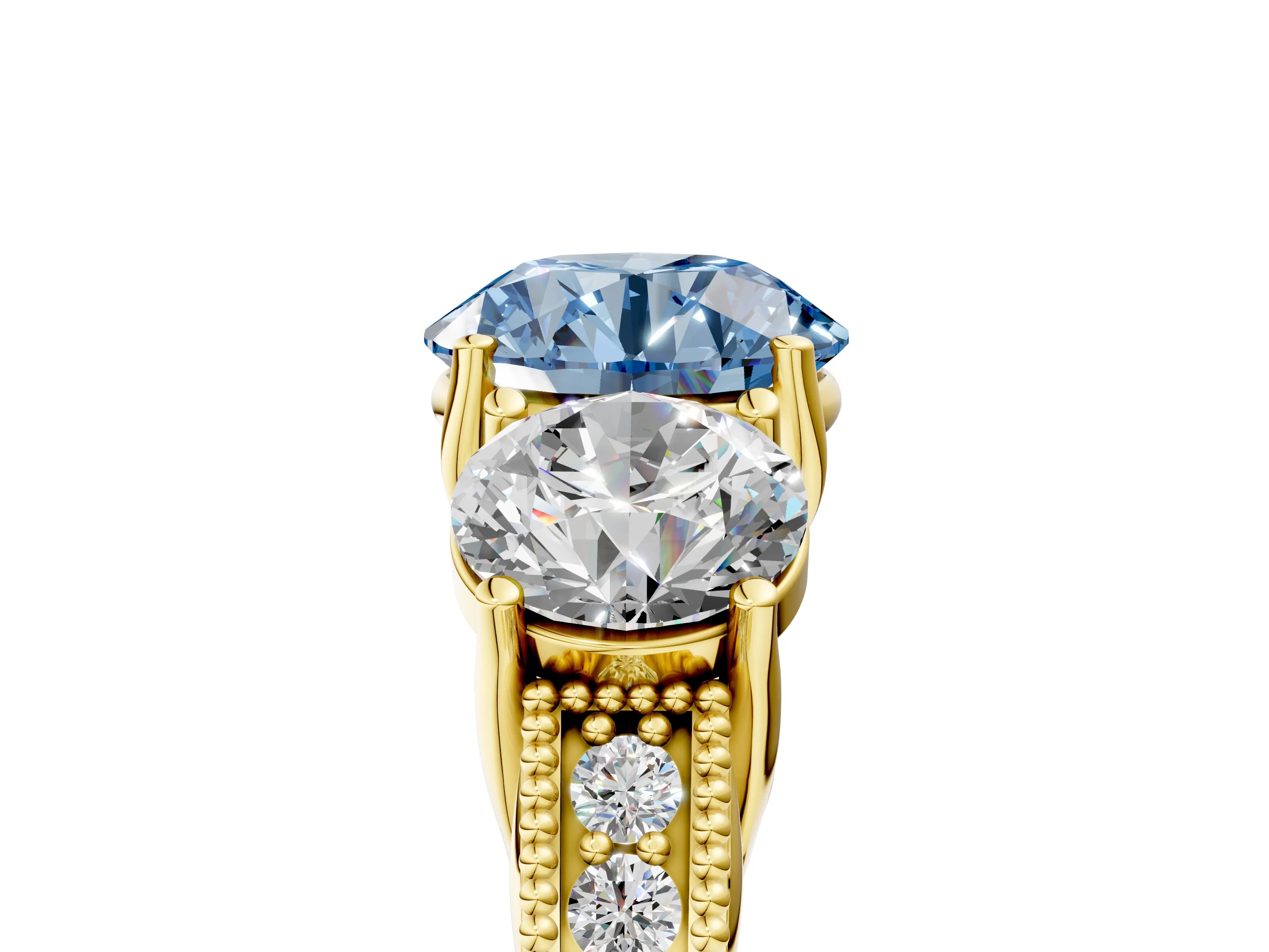 Yellow gold Three-Stone Fancy Blue Round Cut Cut Milgrain Pavé Engagement Ring_17