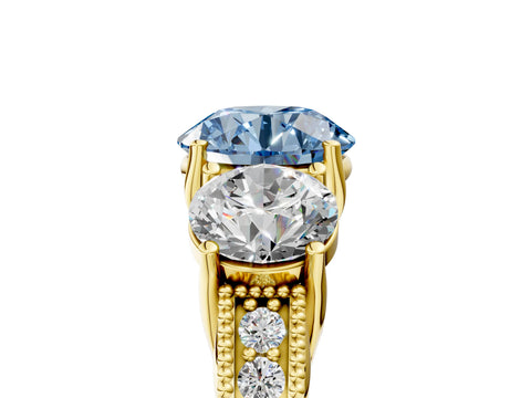 Yellow gold Three-Stone Fancy Blue Round Cut Cut Milgrain Pavé Engagement Ring_17