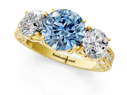 Yellow gold Three-Stone Fancy Blue Round Cut Cut Milgrain Pavé Engagement Ring_1