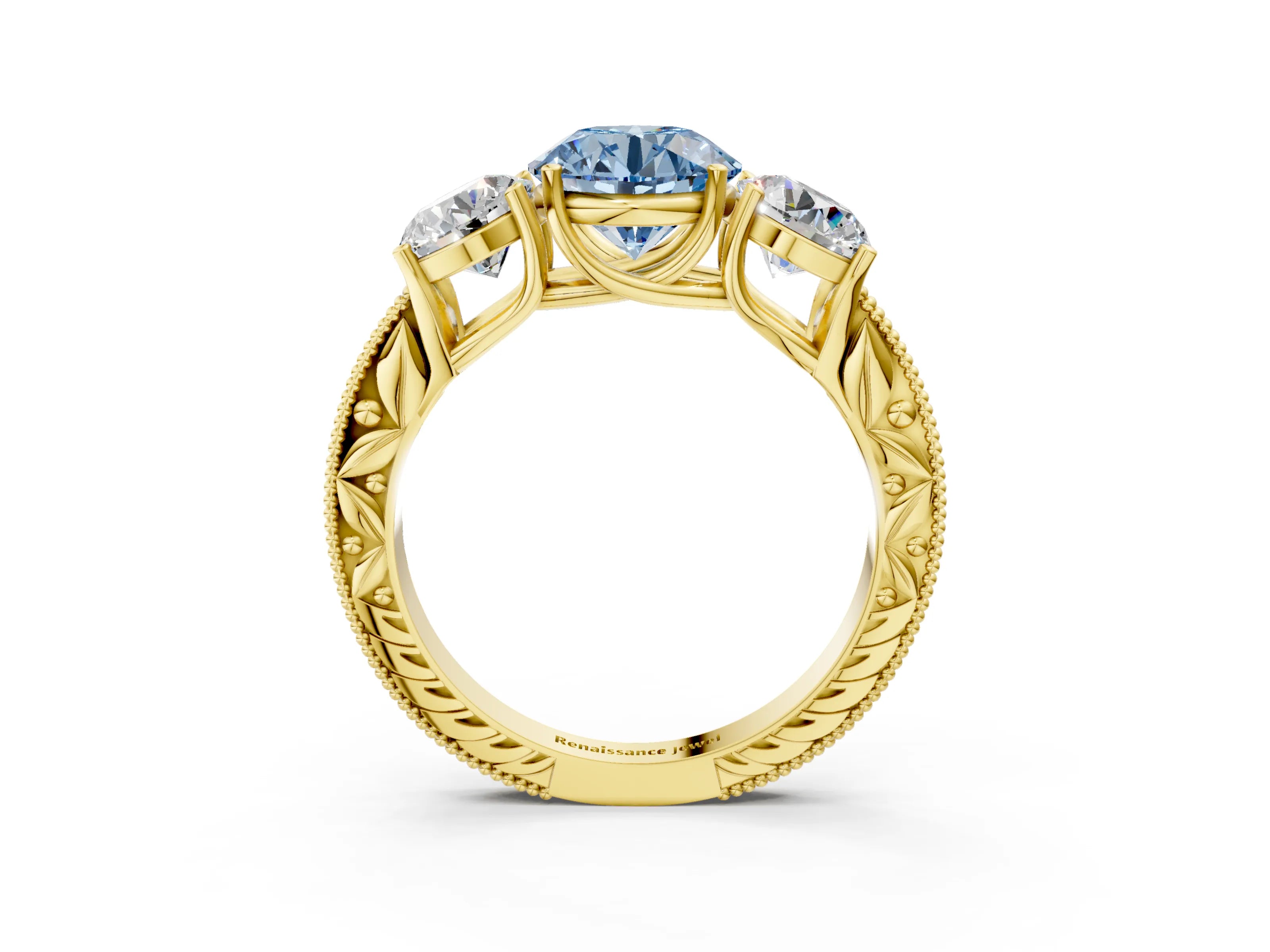 Yellow gold Three-Stone Fancy Blue Round Cut Cut Milgrain Pavé Engagement Ring_3