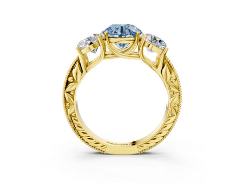 Yellow gold Three-Stone Fancy Blue Round Cut Cut Milgrain Pavé Engagement Ring_3