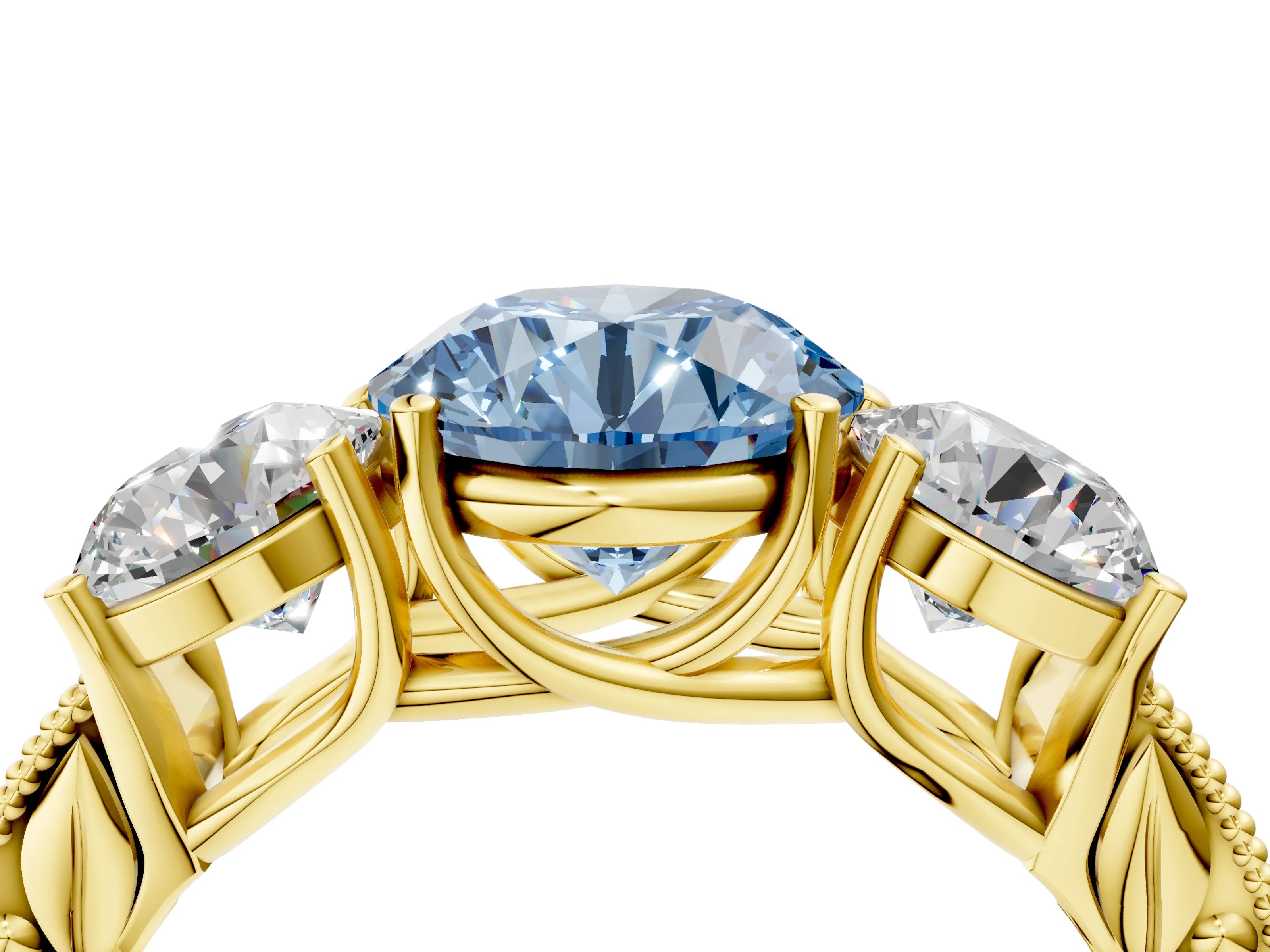 Yellow gold Three-Stone Fancy Blue Round Cut Cut Milgrain Pavé Engagement Ring_4
