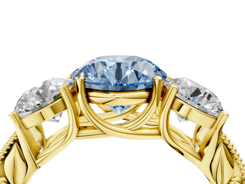 Yellow gold Three-Stone Fancy Blue Round Cut Cut Milgrain Pavé Engagement Ring_4