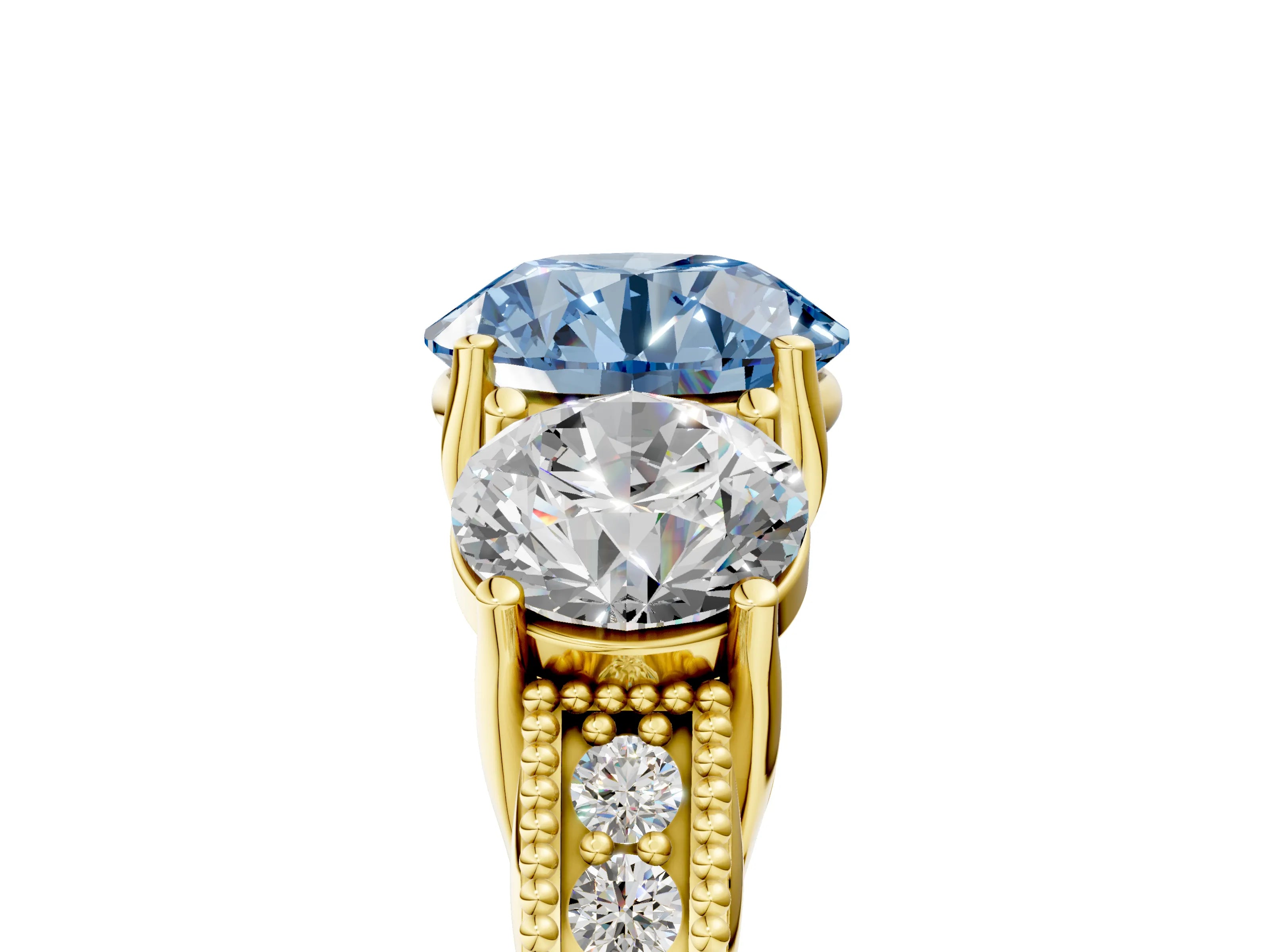 Yellow gold Three-Stone Fancy Blue Round Cut Cut Milgrain Pavé Engagement Ring_5