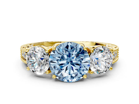 Yellow gold Three-Stone Fancy Blue Round Cut Cut Milgrain Pavé Engagement Ring