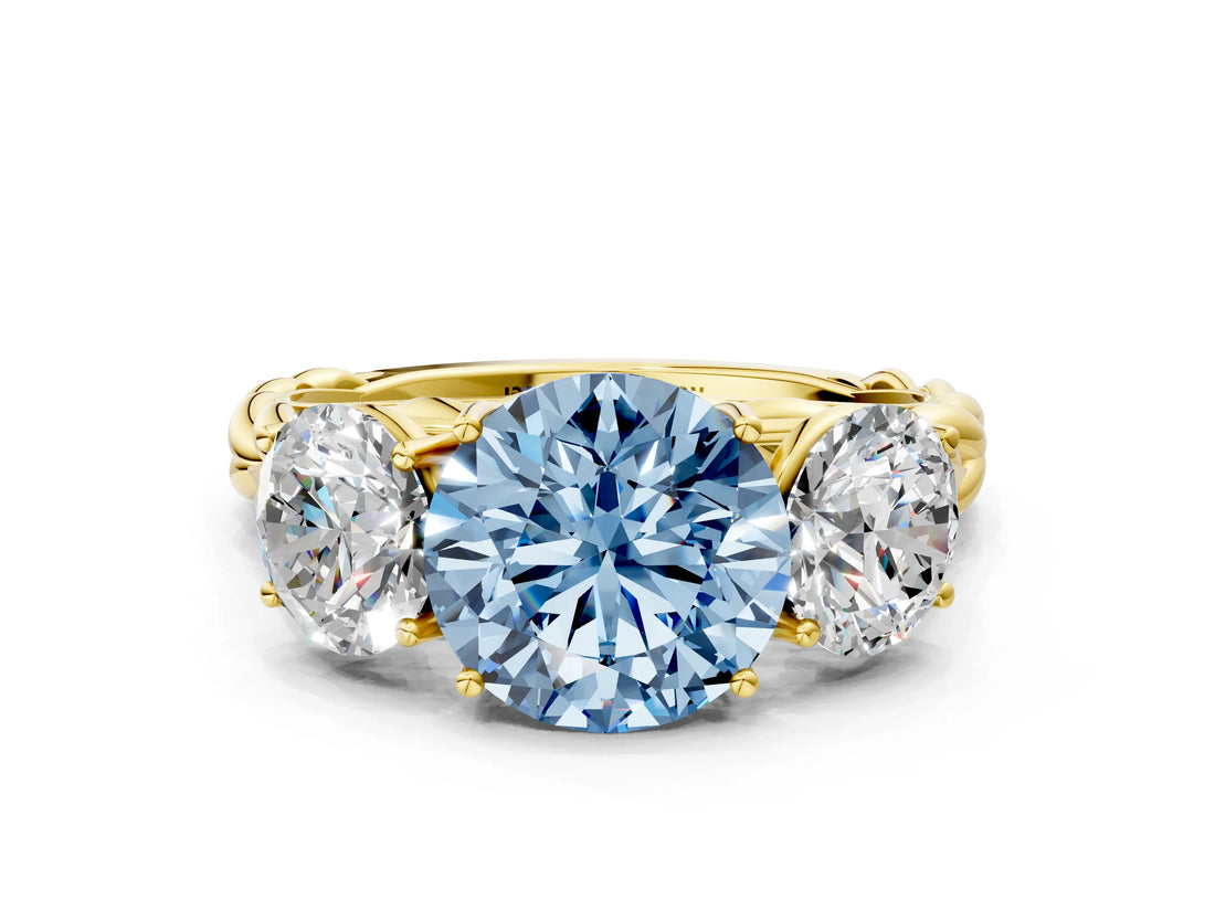 Yellow gold Three-Stone Fancy Blue Round Cut Diamond Braided Band Ring with Four-Prong Setting_40