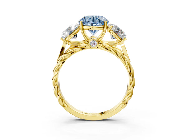 Yellow Gold Round Three Stone Engagement Ring Setting for Fancy Blue Center with Braided Band