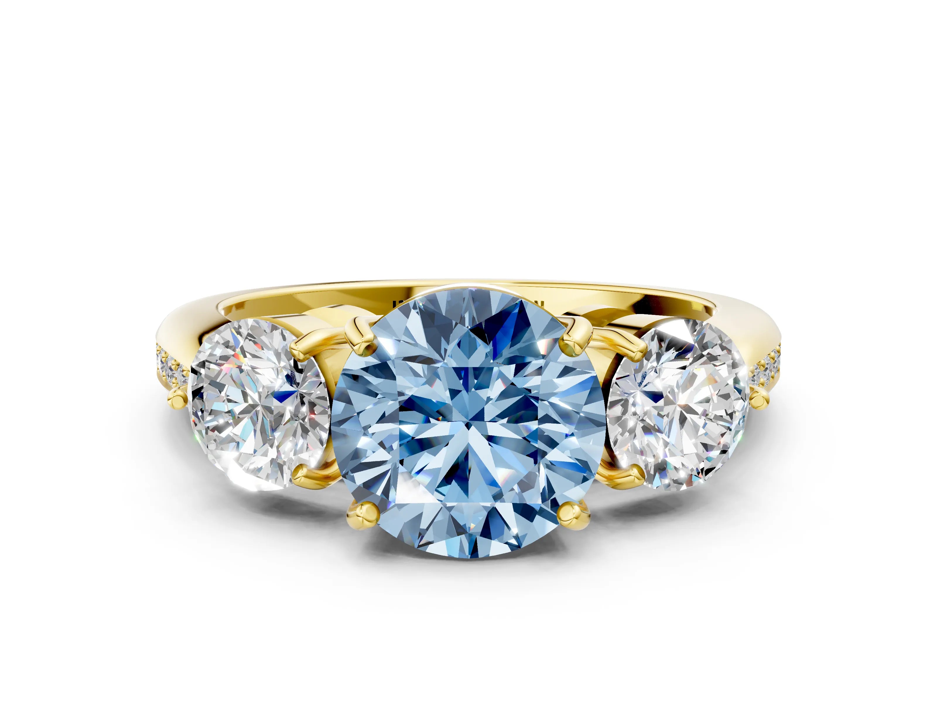 Yellow gold Three-Stone Fancy Blue Round Cut Diamond Channel Set Engagement Ring with Prong Setting