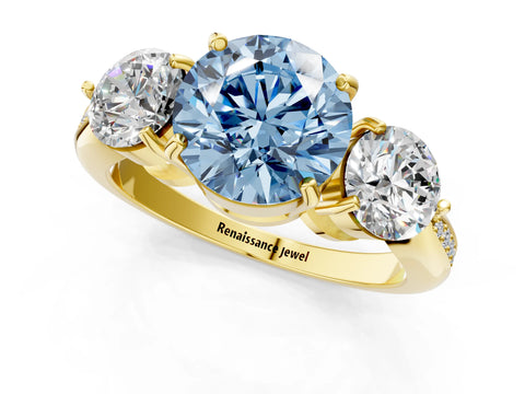 Yellow gold Three-Stone Fancy Blue Round Cut Diamond Channel Set Engagement Ring with Prong Setting_13