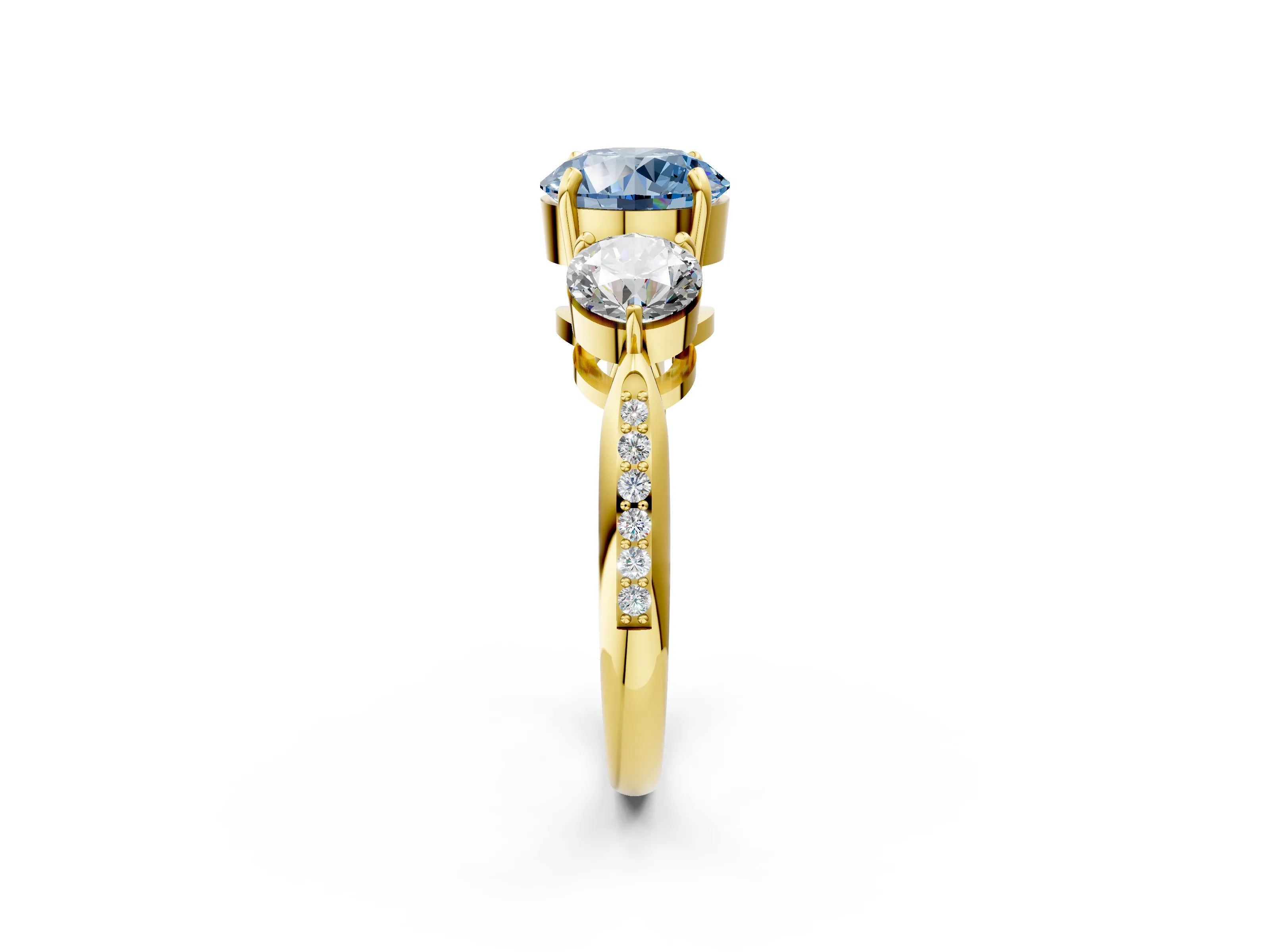 Yellow gold Three-Stone Fancy Blue Round Cut Diamond Channel Set Engagement Ring with Prong Setting_14