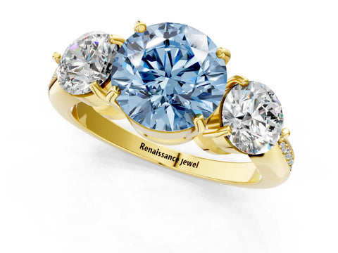 Yellow gold Three-Stone Fancy Blue Round Cut Diamond Channel Set Engagement Ring with Prong Setting_1