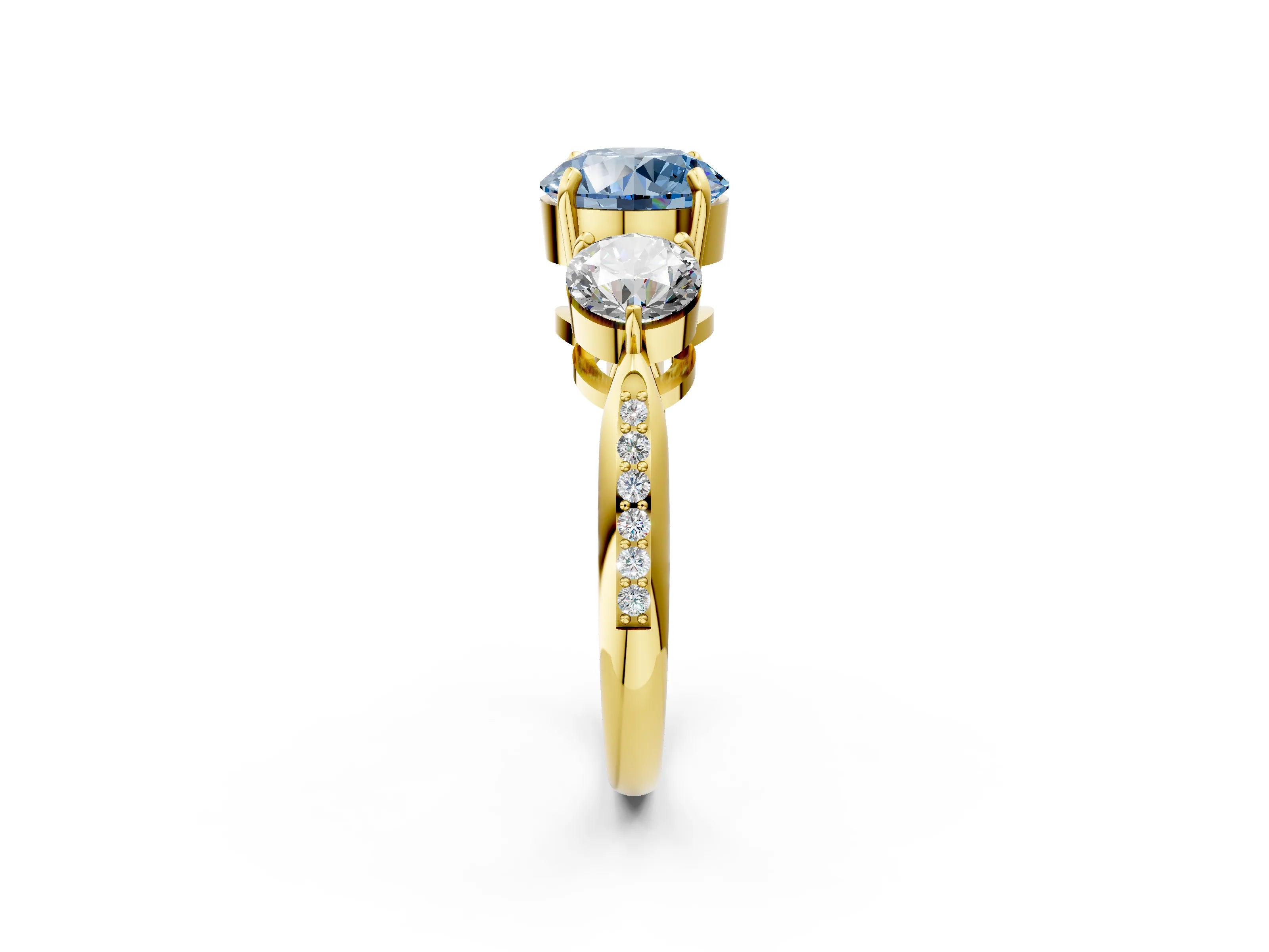 Yellow gold Three-Stone Fancy Blue Round Cut Diamond Channel Set Engagement Ring with Prong Setting_2
