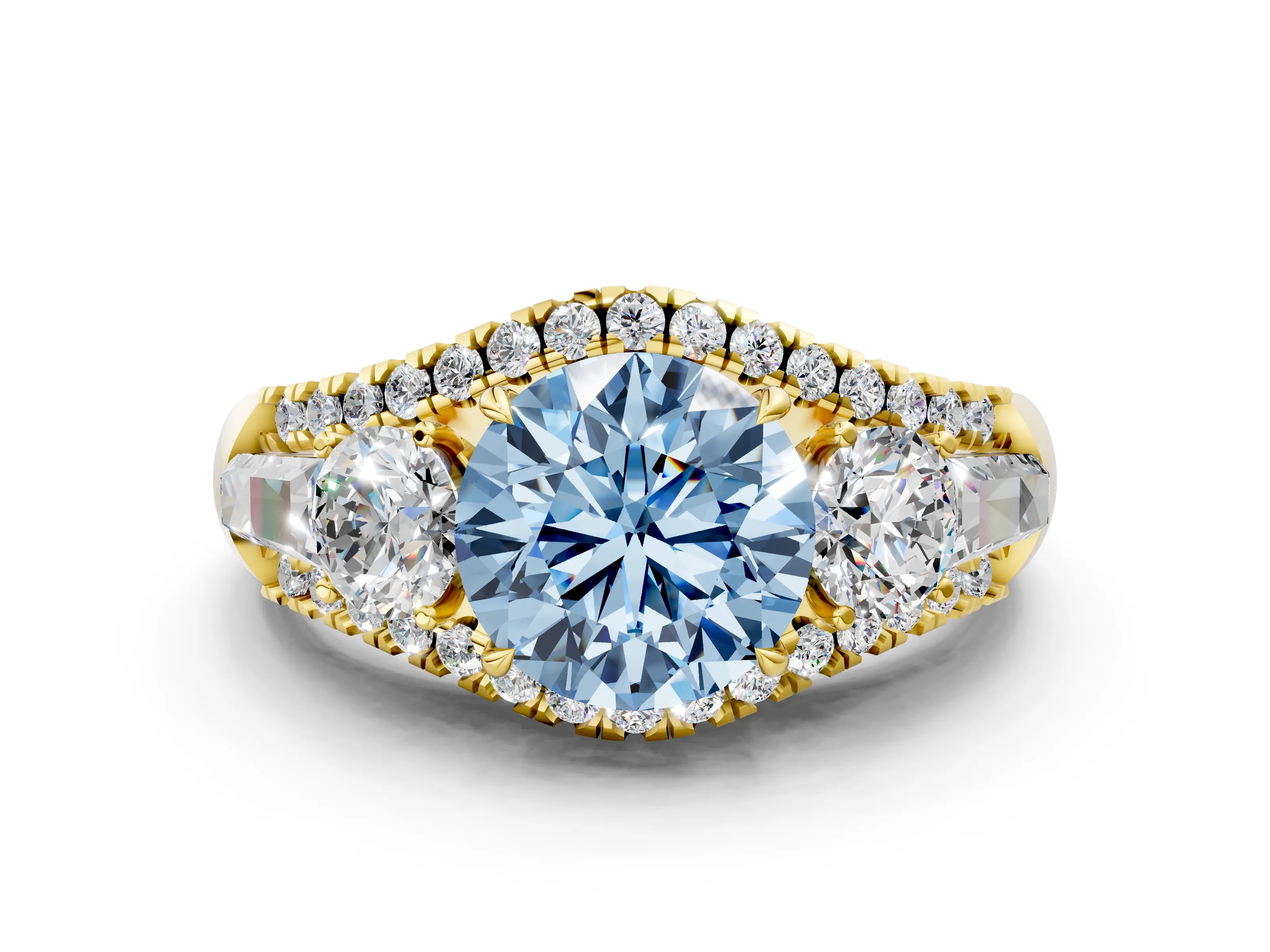 Yellow gold Three-Stone Fancy Blue Round Cut Diamond Engagement Ring with Pave Band and Prong Setting