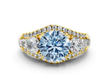 Yellow gold Three-Stone Fancy Blue Round Cut Diamond Engagement Ring with Pave Band and Prong Setting
