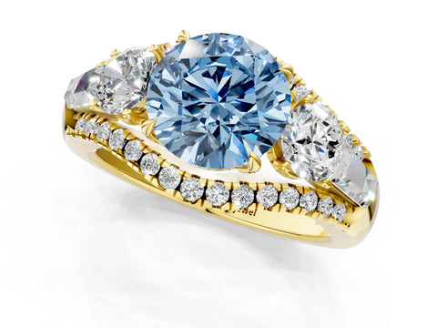Yellow gold Three-Stone Fancy Blue Round Cut Diamond Engagement Ring with Pave Band and Prong Setting_1