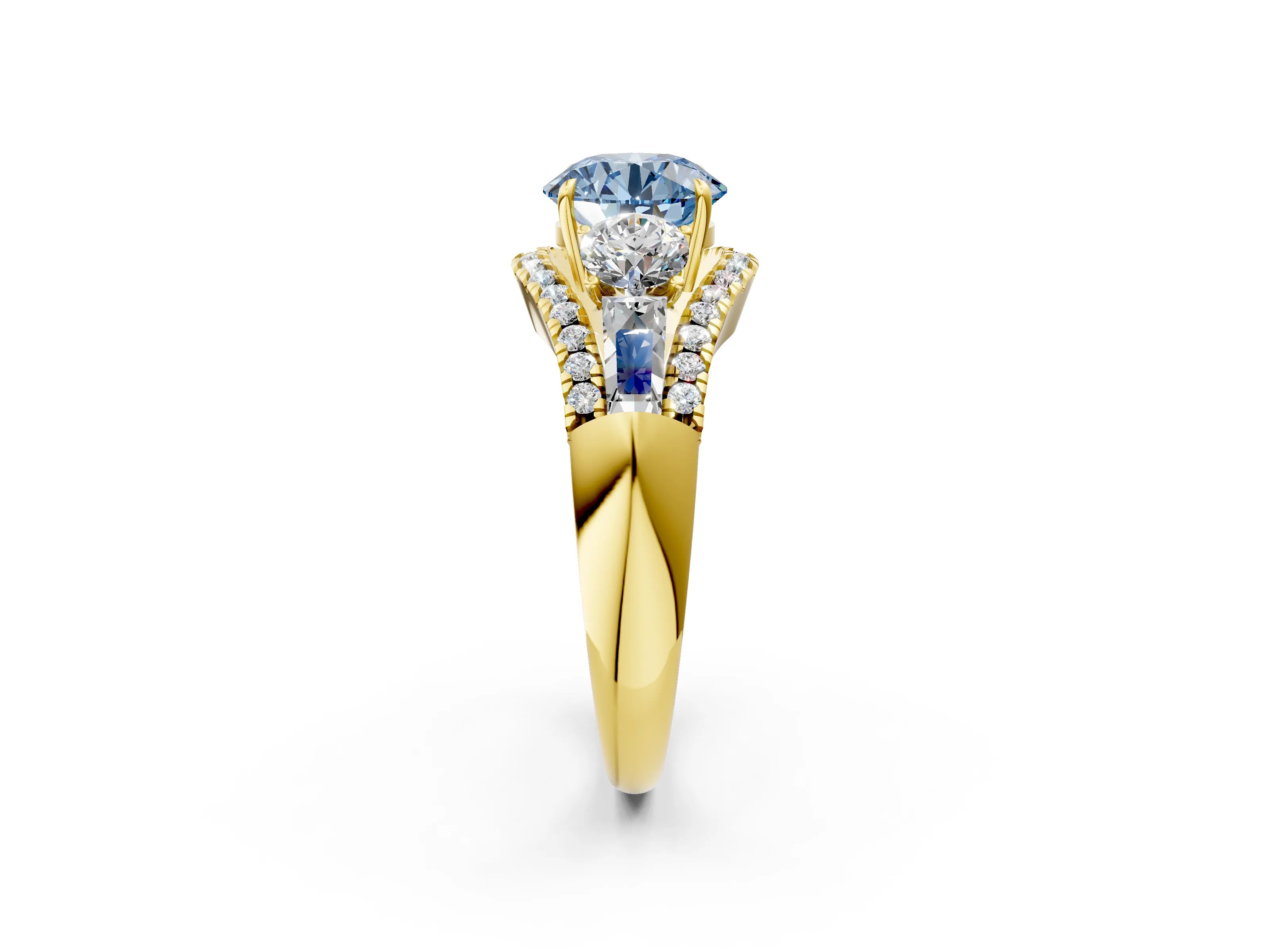 Yellow gold Three-Stone Fancy Blue Round Cut Diamond Engagement Ring with Pave Band and Prong Setting_2