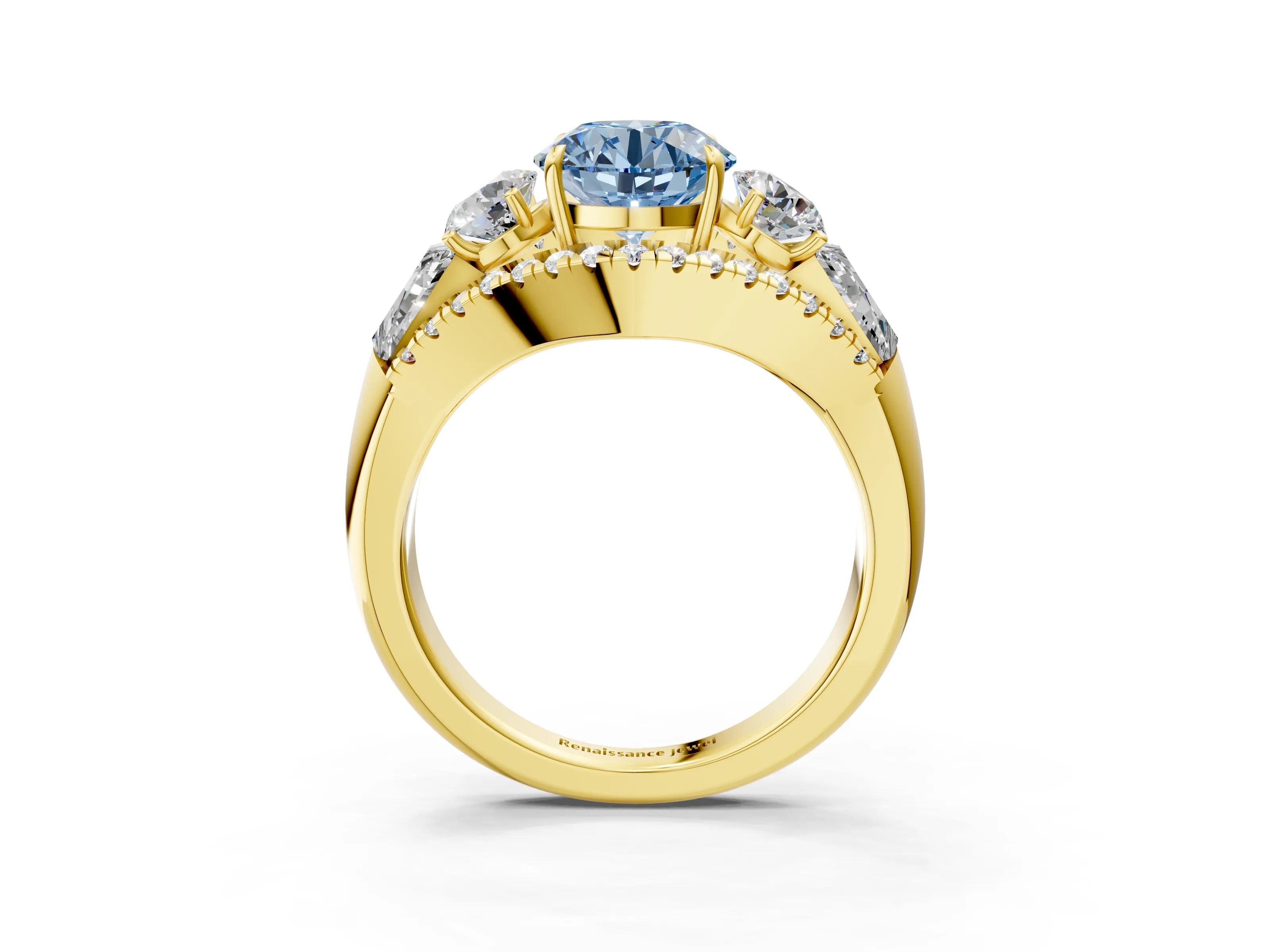 Yellow gold Three-Stone Fancy Blue Round Cut Diamond Engagement Ring with Pave Band and Prong Setting_3